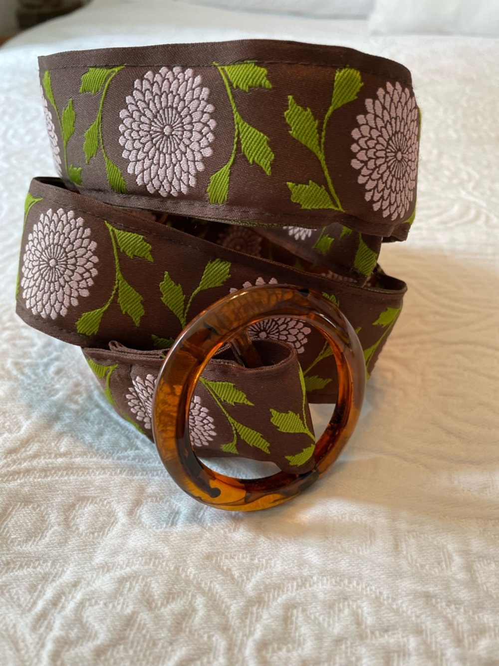 Top It Off Brown Floral Ribbon Belt with Tortoiseshell Ring